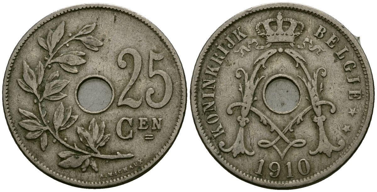 Бельгия 25 сантимов 1910 Belgie KM 69 медно-никель 4165-644
