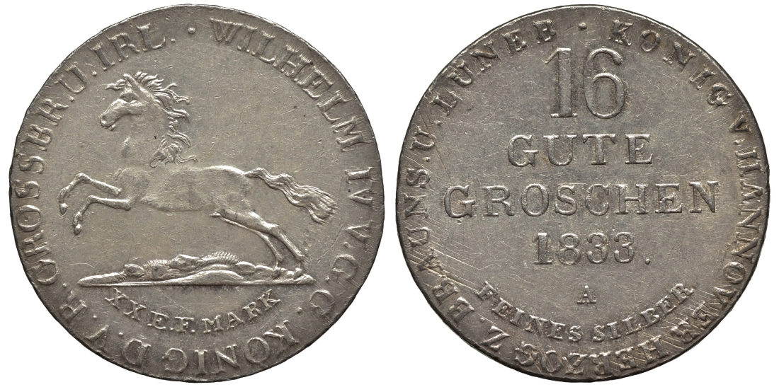 Брауншвейг-Каленберг-Ганновер 16 гутергрошенов 1833 A, Вильгельм IV (1830-1837) J. 33, AKS 66, Kahnt 212 серебро  aUNC  11-119-55