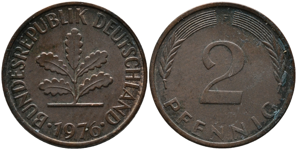 ФРГ 2 пфеннига 1976 F KM 106а, J.381а сталь плакированная медью 99-225