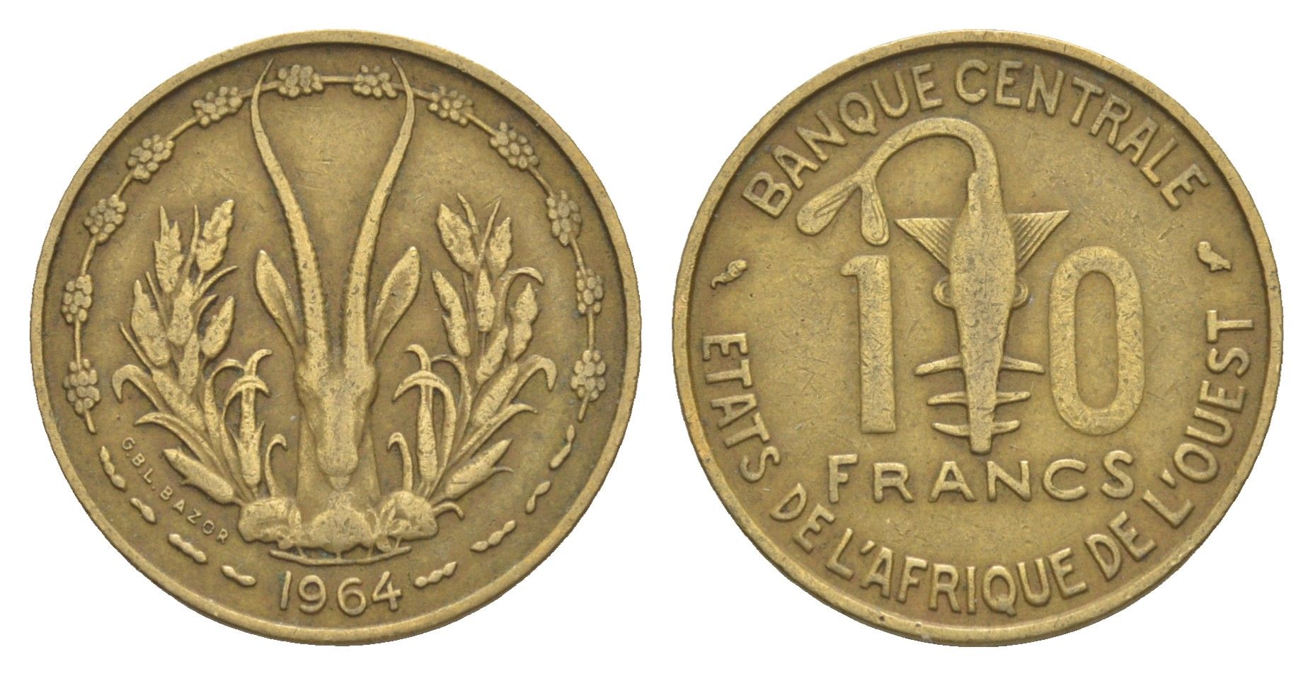 Западная Африка (BCEAO) 10 франков 1964 KM 1a медь алюминий никель 4175-1041