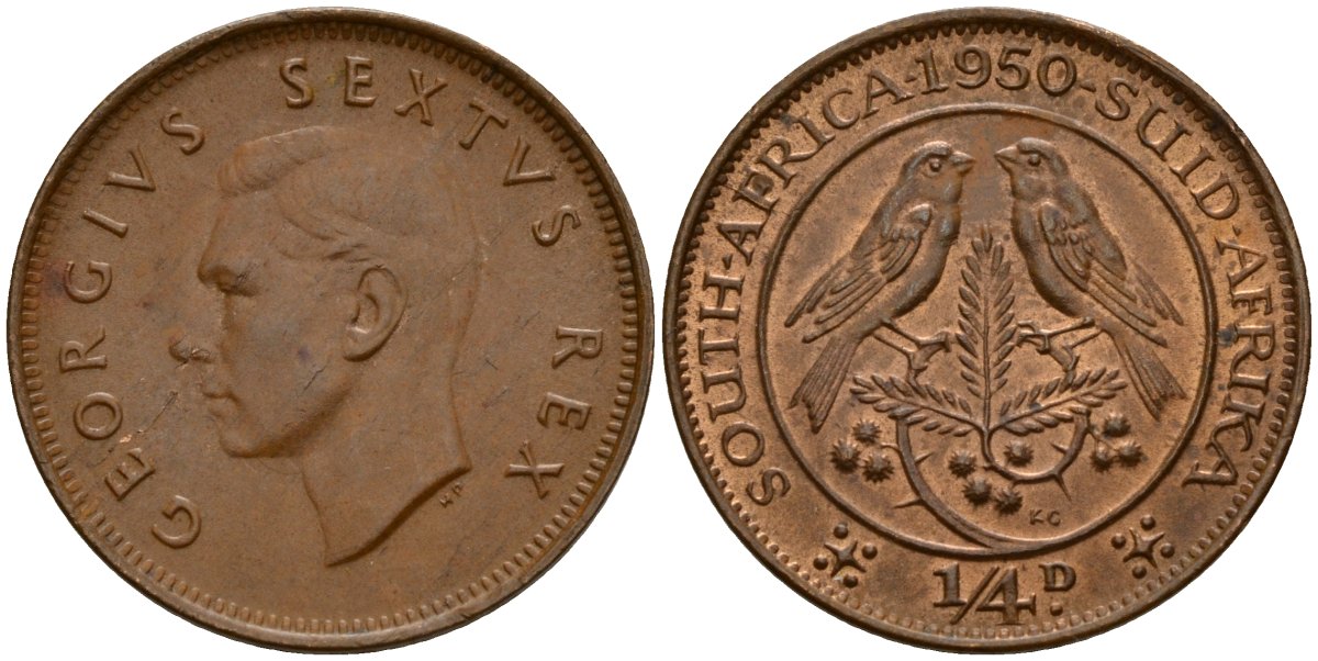 ЮАР 1/4 пенни 1950 Георг VI (1937-1952) KM 32.1 бронза 4164-663