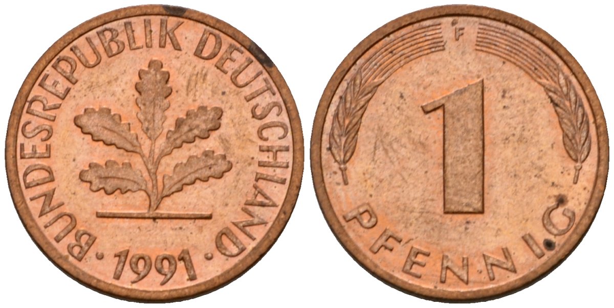 ФРГ 1 пфенниг 1991 F KM 105, J.380 сталь плакированная медью 4602-813