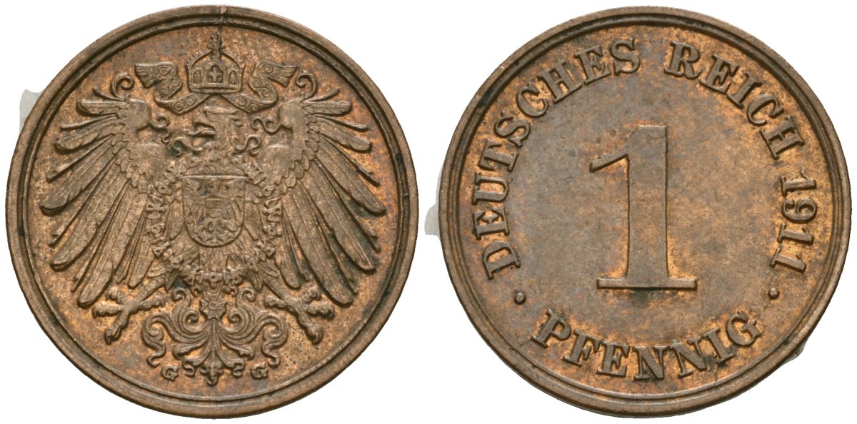 Германия 1 пфенниг 1911 D, Вильгельм II (1888-1918) KM 10, J. 10 медь 4608-153