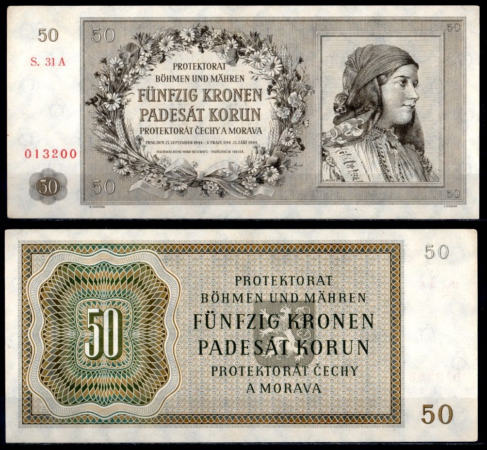 Богемия и Моравия 50 крон 1944 Pick 10 бумага aUNC 451-1045-1