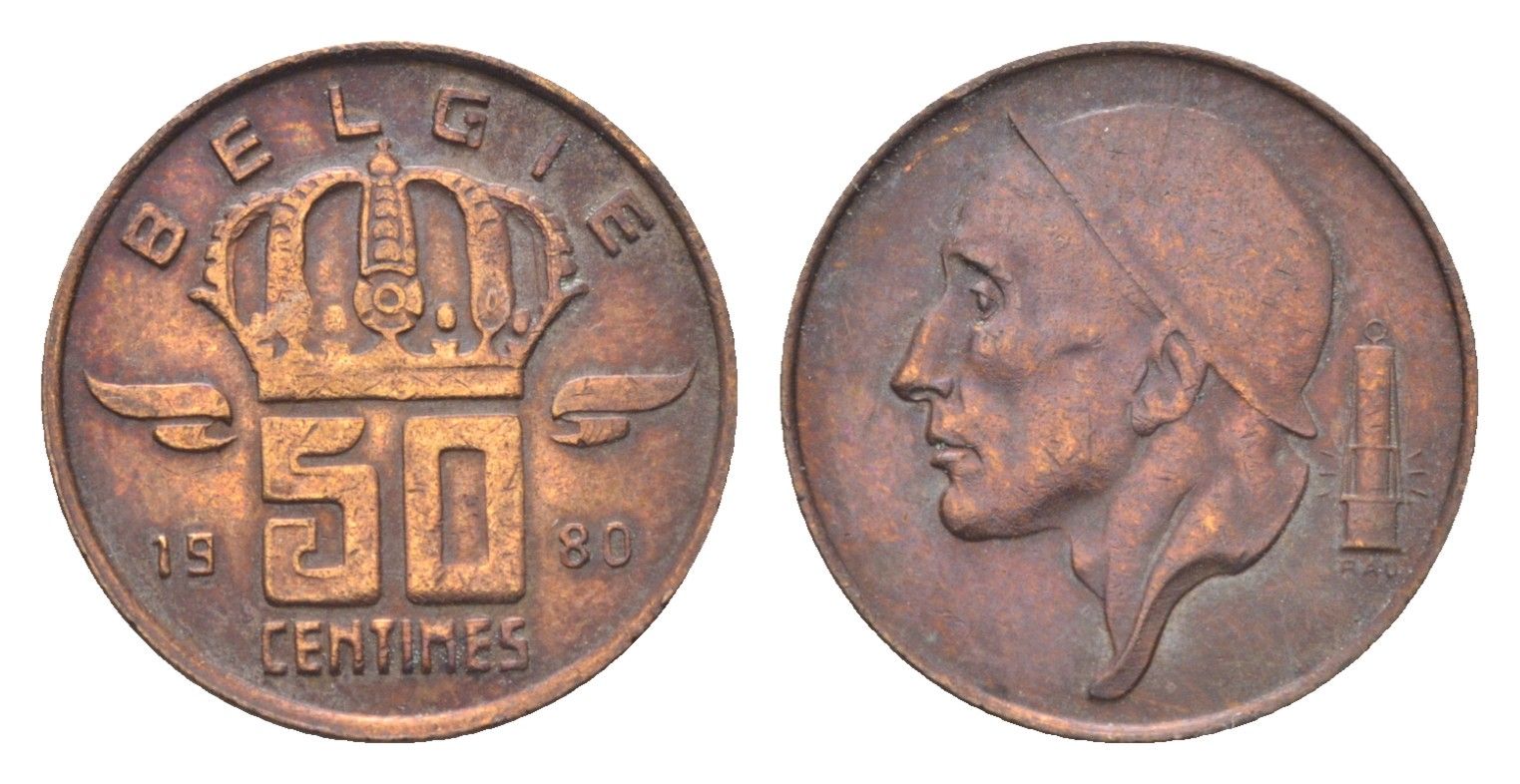 Бельгия 50 сантимов 1980 Belgie, Бодуэн I (1951-1993) KM 149 бронза 4705-268