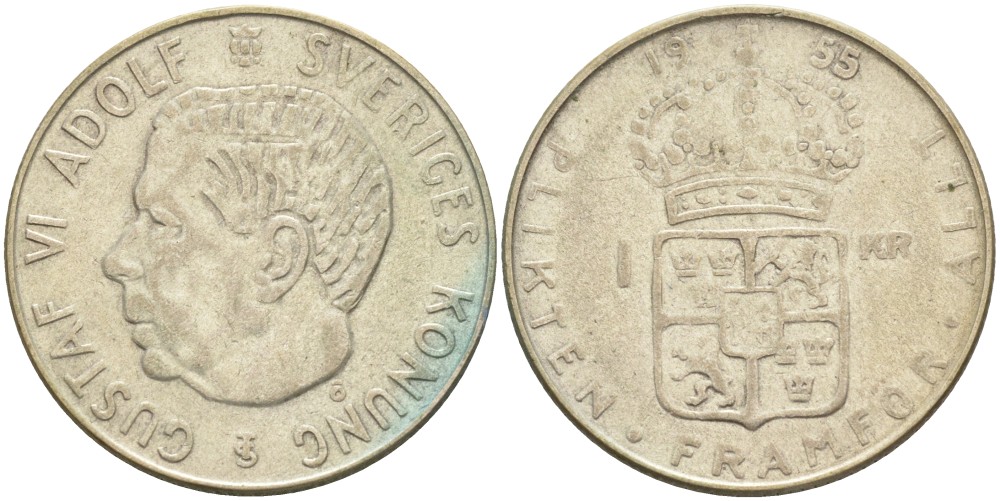 Швеция 1 крона 1955 TS, Густав VI Адольф (1950-1973) KM 826 серебро 3851-1221