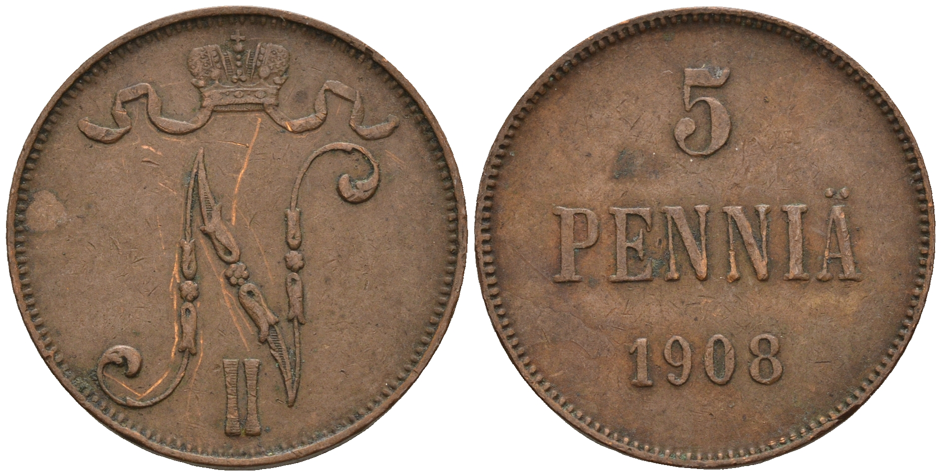 Россия для Финляндии 5 пенни 1908 Николай II (1894-1917) KM 15, Биткин 449 медь 259-1152