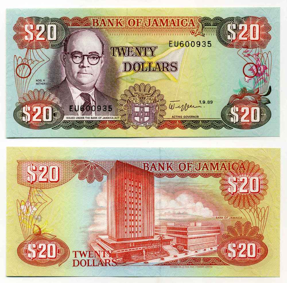 Ямайка 20 долларов 1989 Ноэл Ньютон Нетерсол, здание Центрального банка Pick 72c бумага UNC (пресс) 8588-32-1-1