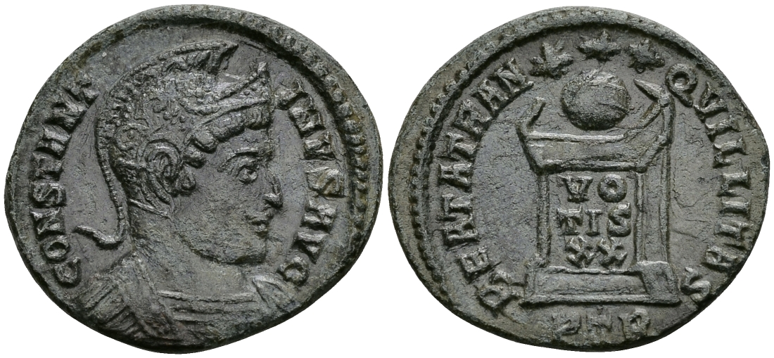 Римская Империя нуммий 321 Константин I Великий BEATA TRANQVILLITAS Августа Треверов Extremely fine (С3) RIC 303 бронза 1073-3-5-6