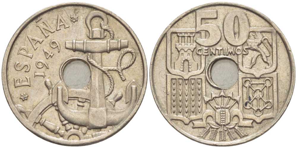 ИСПАНИЯ 50 СЕНТИМО 1949 (62) ФРАНСИСКО ФРАНКО ДИКТАТОР ИСПАНИИ (1939-1975), МОРСКАЯ АТРИБУТИКА KM 777 медно-никель 213-123