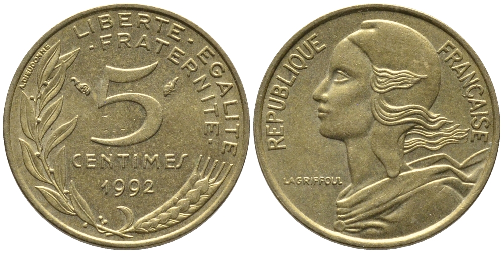 ФРАНЦИЯ 5 САНТИМОВ 1992 ТИП MARIANNE KM 933 медь алюминий никель 99-1125
