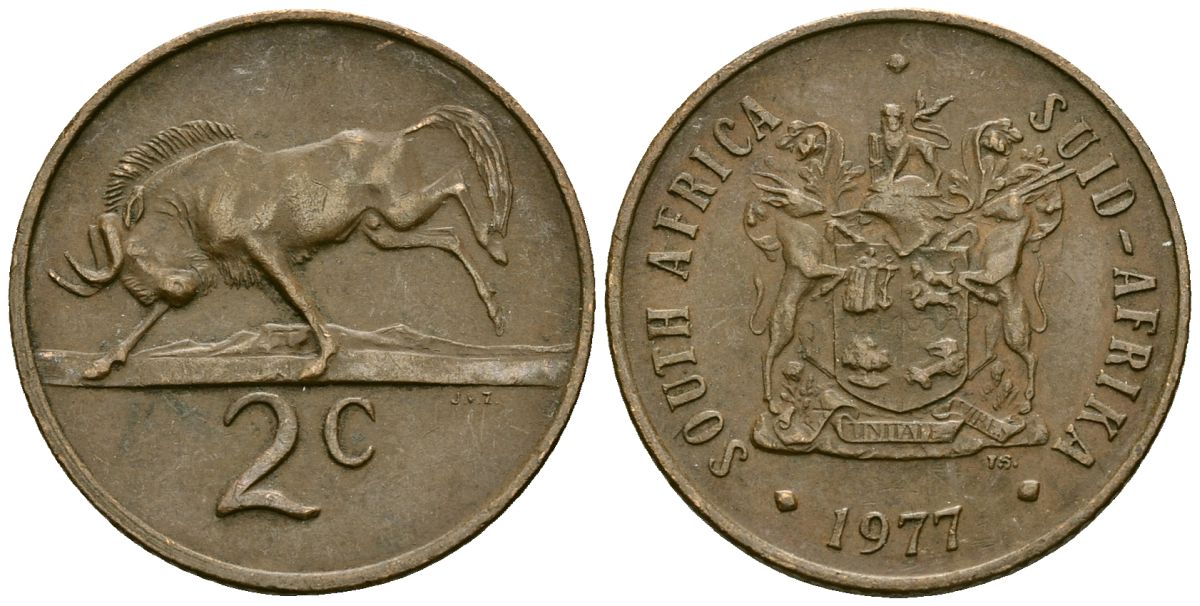 ЮАР 2 цента 1977 герб, антилопа гну KM 83 бронза 4138-526