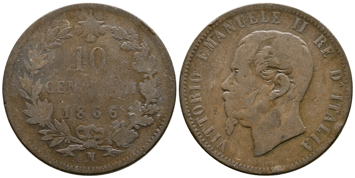 ИТАЛИЯ 10 ЧЕНТЕЗИМО 1866 N, ВИКТОР ЭММАНУИЛ II (1861-1878) KM 11.4 медь 4381-146
