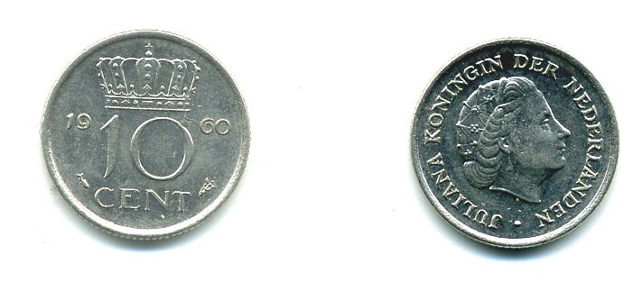НИДЕРЛАНДЫ 10 ЦЕНТОВ 1960 ЮЛИАНА KM 182 никель 76-333