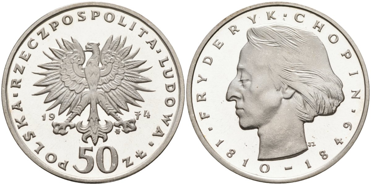 Польша 50 злотых 1974 MW, Фредерик Шопен (1810-1846) KM 66, Parchimowicz 256b серебро PROOF 00-000-00