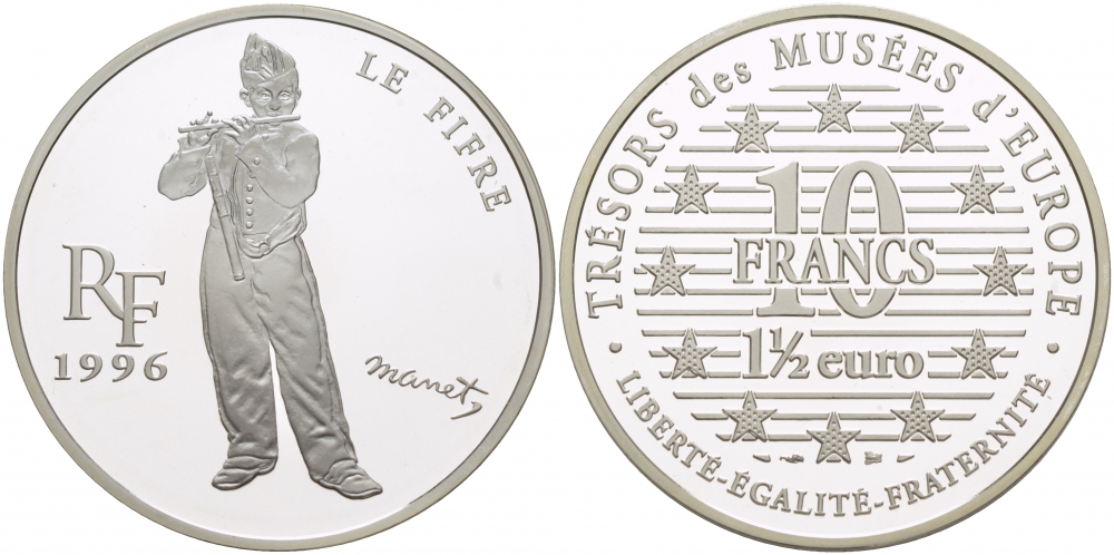 Франция 10 франков = 1 1/2 евро 1996 серия сокровища музеев Европы, игрок на флейте Эдуарда Мане KM 1122 серебро PROOF 1068-4-52