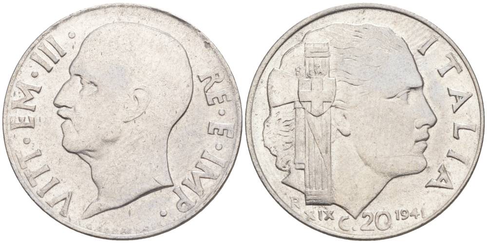 ИТАЛИЯ 20 ЧЕНТЕЗИМО 1941 R, ГОД XIX, ВИКТОР ЭММАНУИЛ III (1900-1946) KM 75b, VEM3. 1028 нержавеющая сталь 3853-1014