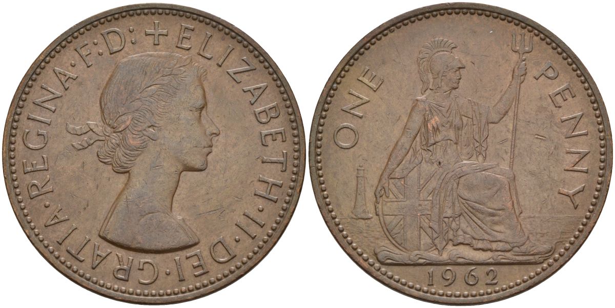 Великобритания 1 пенни 1962 Елизавета II (1952-2022) KM 897, Spink 4157 бронза 4149-816