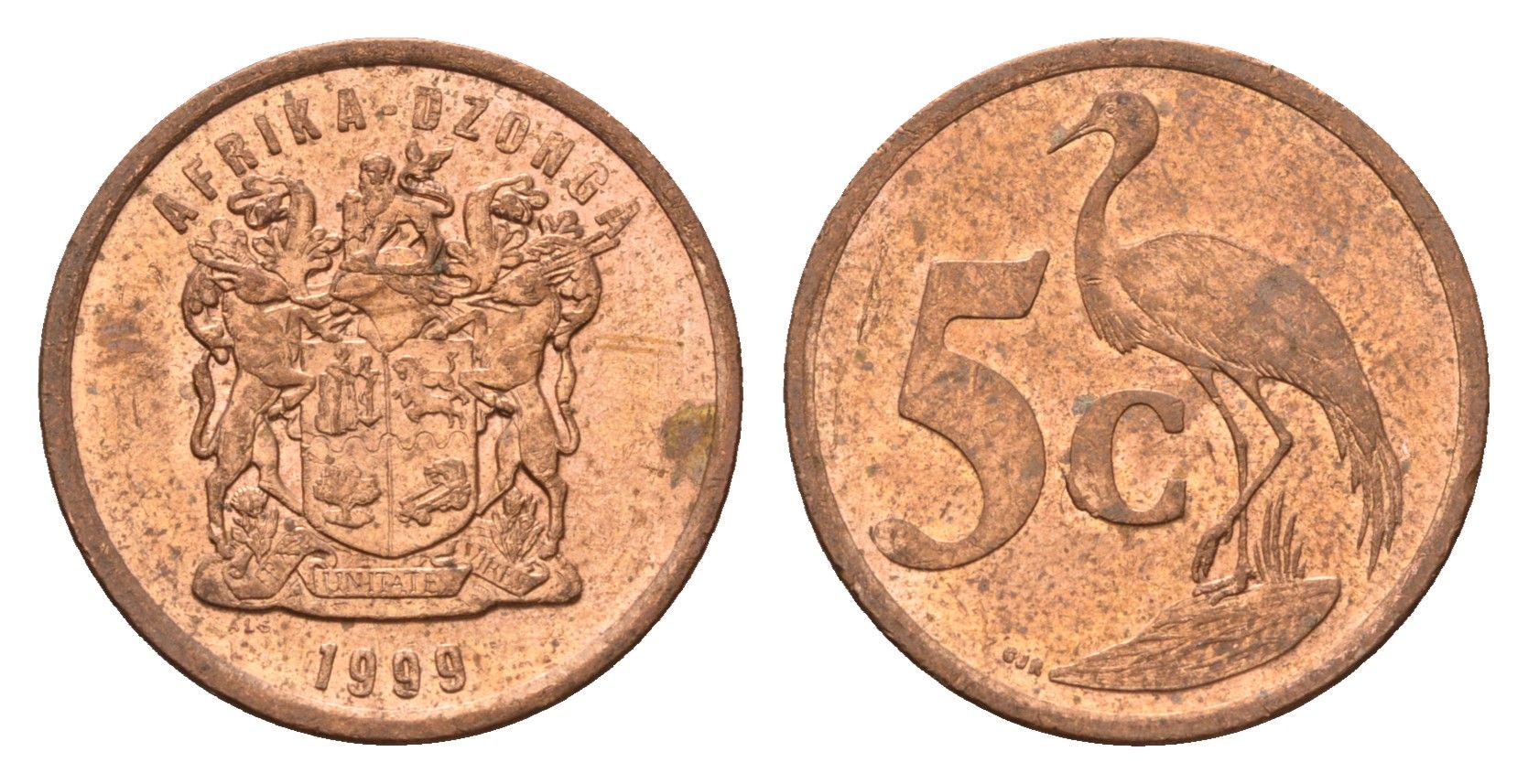 ЮАР 5 центов 1999 герб, райский журавль KM 160 сталь плакированная медью UNC 4687-227