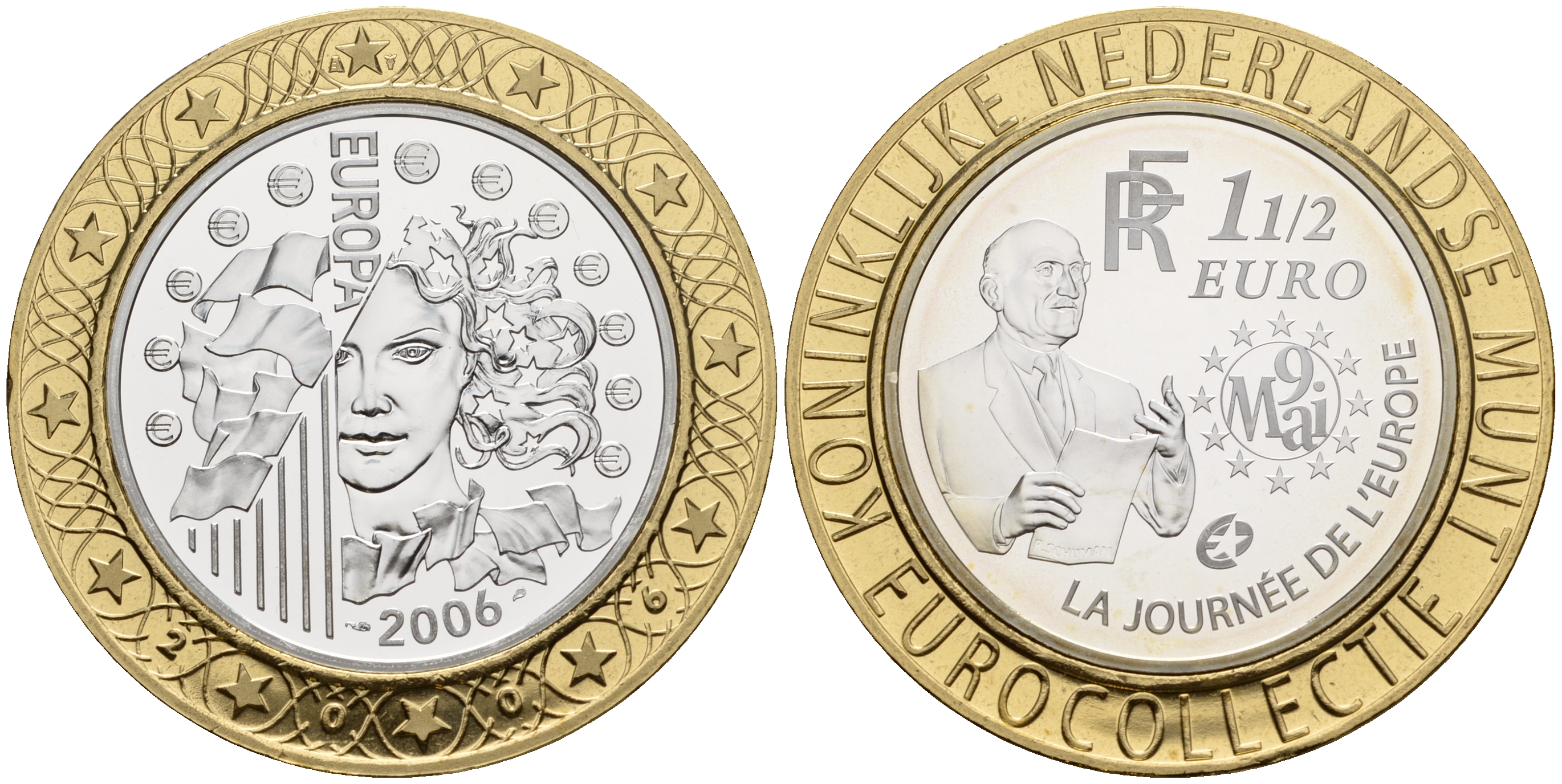Франция 1 1/2 евро 2006 Декларация Шумана, день Европы 9 мая 1950 года, коллекция Нидерландского монетного двора KM 2037 серебро PROOF 11-060-23