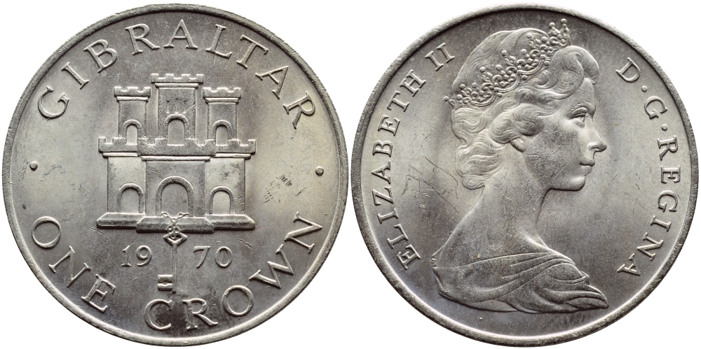 Гибралтар 1 крона 1970 Елизавета II (1952-2022), старый замок KM 4 медно-никель UNC 74-635