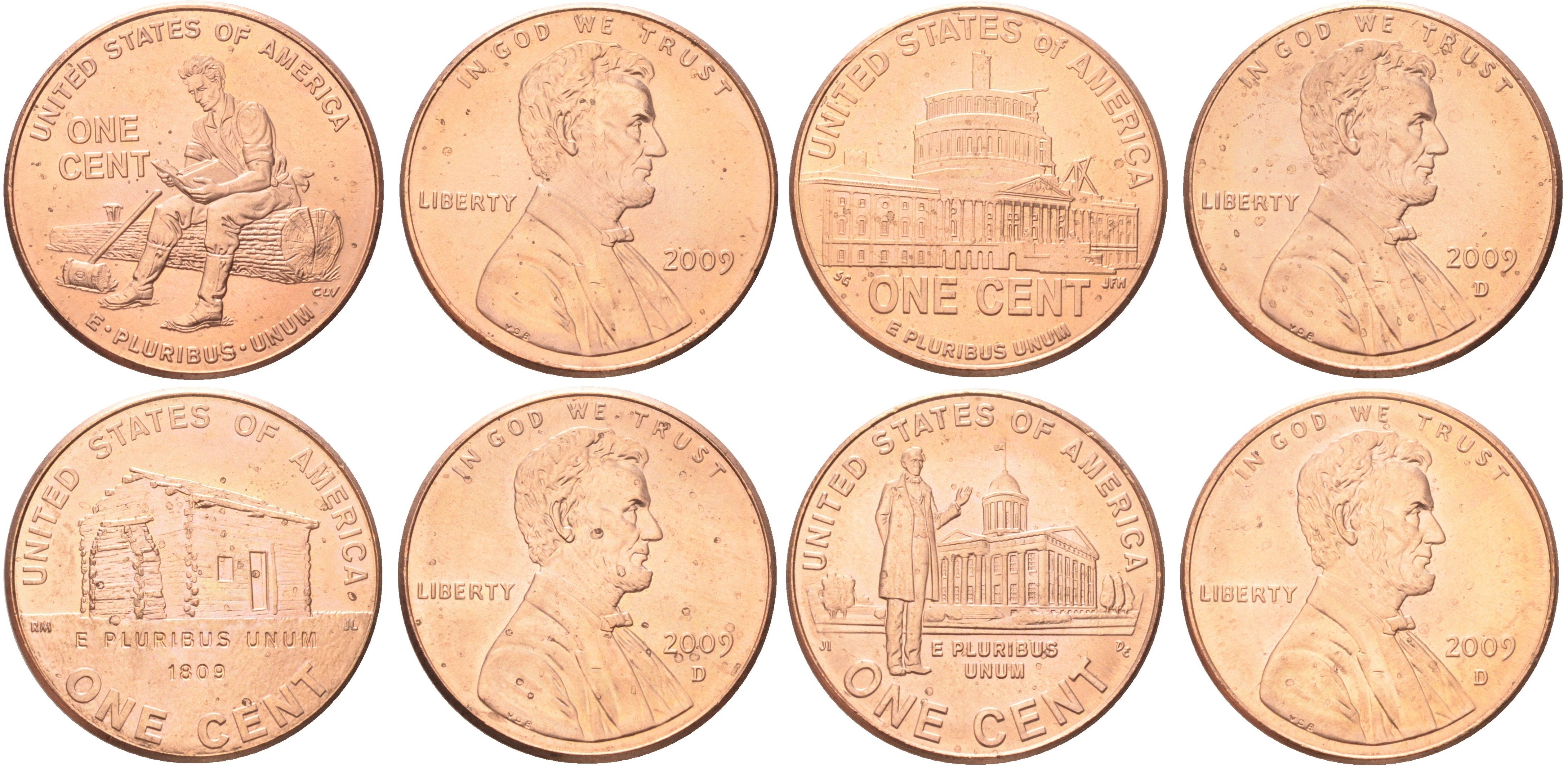 США полный набор из 4 монет (1 цент) 2009 200 лет со дня рождения Авраама Линкольна - Детство в Кентукки, Юность в Индиане, Карьера в Иллинойсе, Президентство в Вашингтоне KM 441, 442, 443 и 444 цинк плакированный медью UNC 4668-934-937