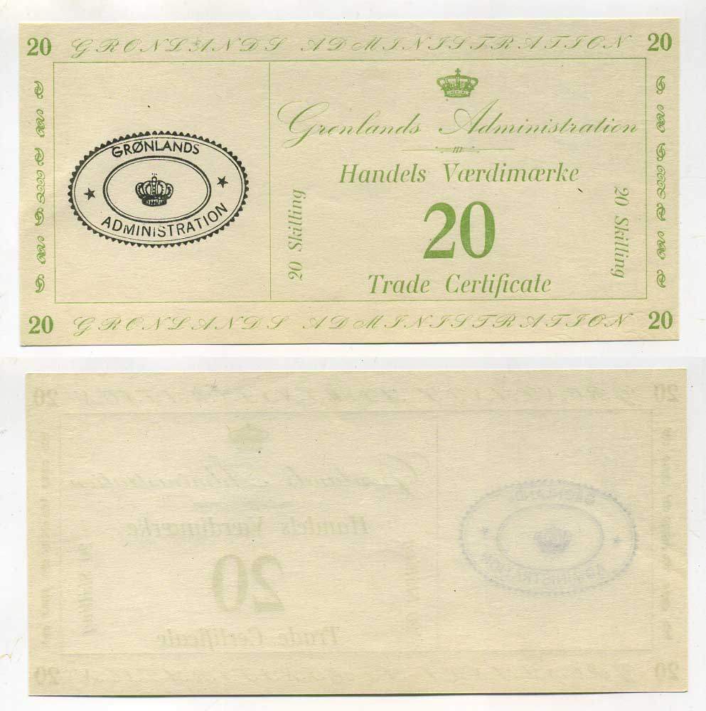 Гренландия 20 скиллингов 1942 торговый сертификат Pick M10 бумага UNC (пресс) 451-214-1
