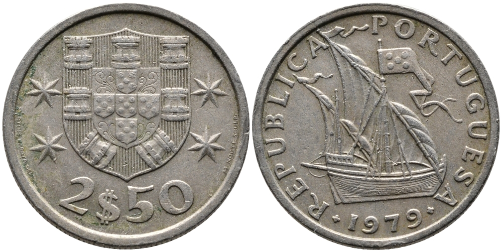 ПОРТУГАЛИЯ 2,5 ЭСКУДО 1979 ПАРУСНИК KM 590 медно-никель 99-1161