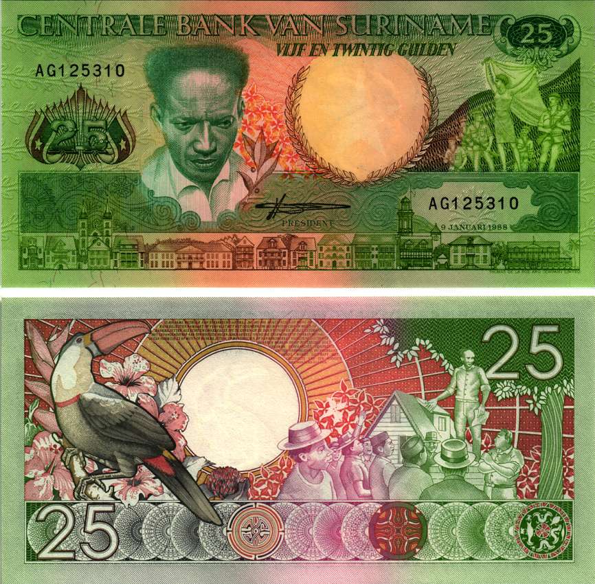 Суринам 25 гульденов 1988 Антон де Ком, тукан на ветке Pick 132 b бумага UNC (пресс) 6352-4-4-2