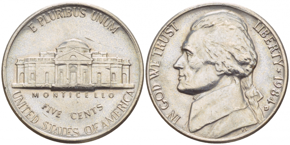 США 5 ЦЕНТОВ 1984 D, ДЖЕФФЕРСОН KM А192 медно-никель 4546-1157