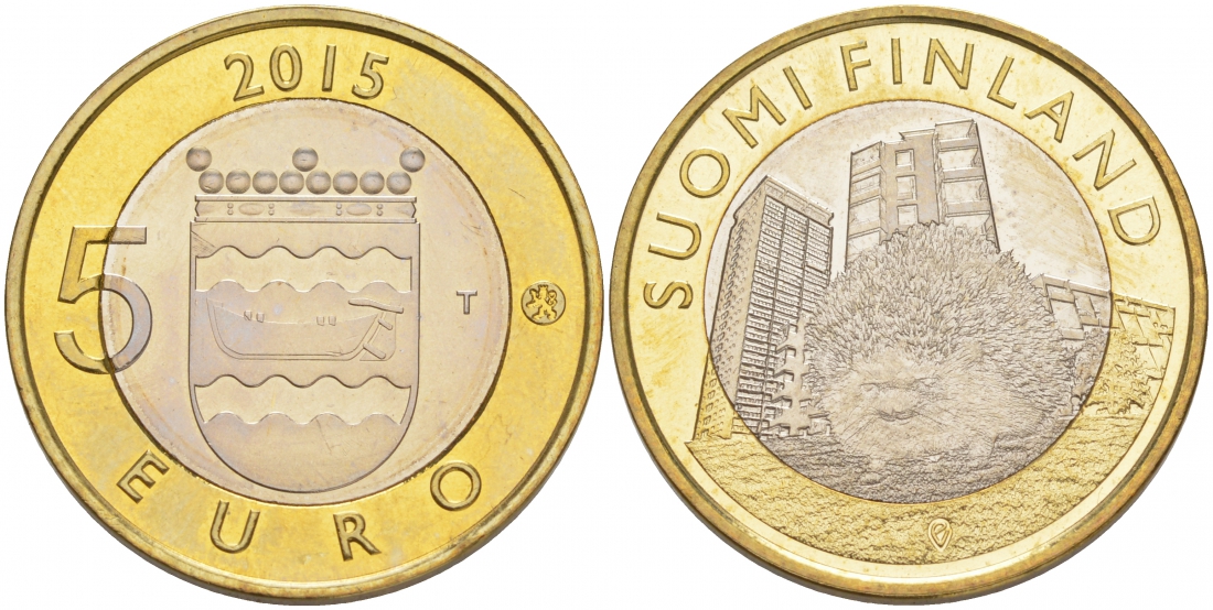 Финляндия 5 евро 2015 животный мир регионов Финляндии, Уусимаа, ежик KM 239 биметалл UNC M30-09