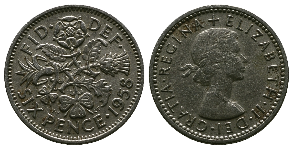 Великобритания 6 пенсов 1958 Елизавета II (1952-2022) KM 903, Spink 4149 медно-никель 4381-668