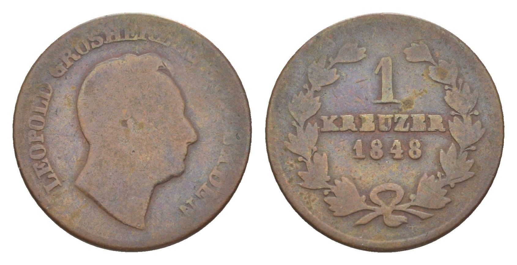 Баден 1 крейцер 1848 Леопольд (1830-1852) KM 218 медь 4639-467