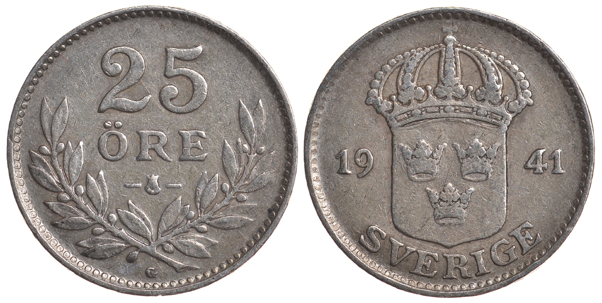 Швеция 25 эре 1941 G, Густав V (1907-1950) KM 785 серебро 4179-854