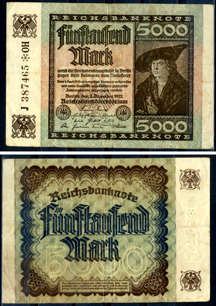 Германия 5000 марок 1922 2 декабря 1922, водяной знак G, серия OH, буква J, номер шестизначный Pick 81 b (2) бумага 8589-30-2-1