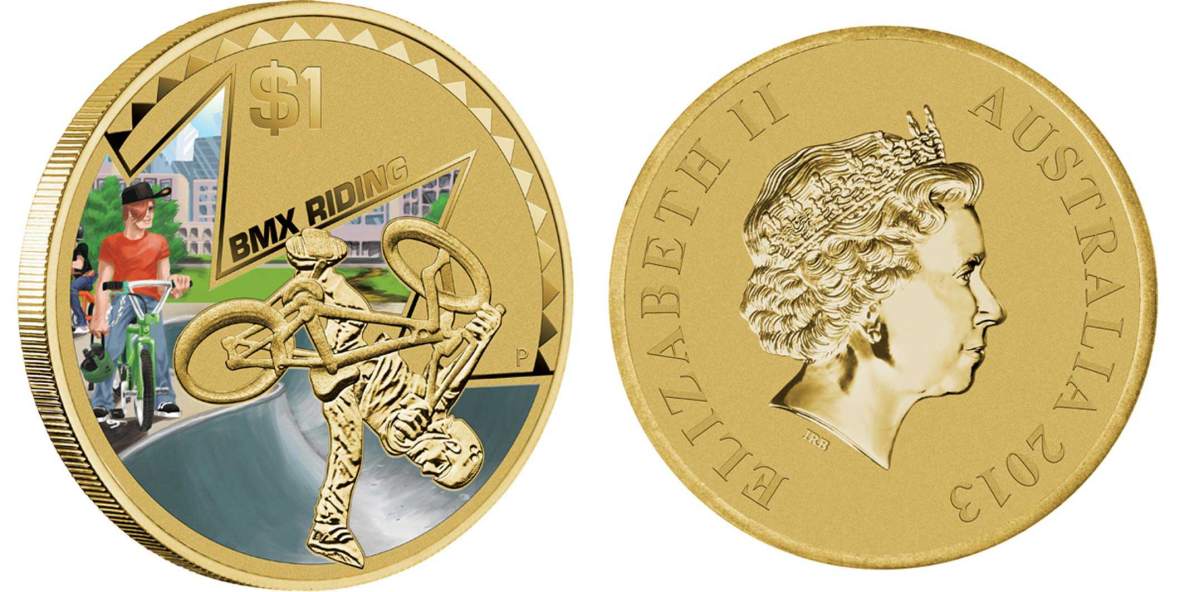 Австралия 1 доллар 2013 серия попробуй это, велосипедный мотокросс (bmx riding), цветная эмаль KM 2136 алюминиевая бронза UNC M41-09