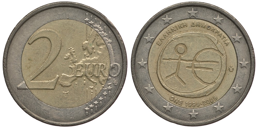 Греция 2 евро 2009 10 лет монетарной политики ЕС (EMU) и введения евро KM 227 биметалл 4397-224