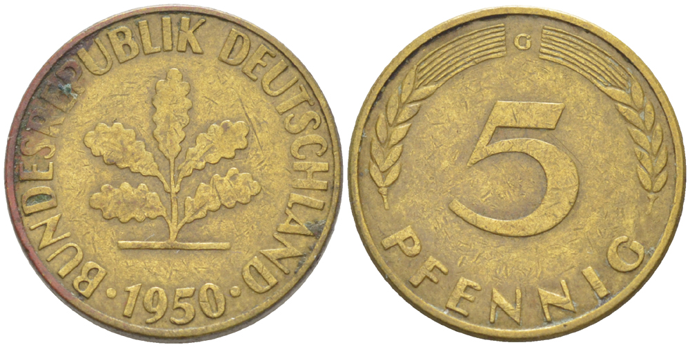 ФРГ 5 ПФЕННИГОВ 1950 G KM 107, J. 382 сталь плакированная латунью 4181-912