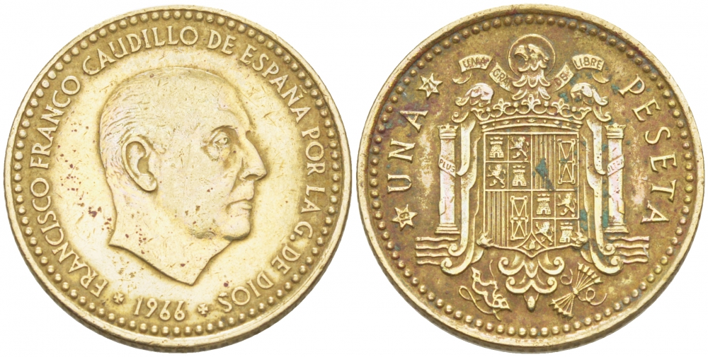 ИСПАНИЯ 1 ПЕСЕТА 1966 (71) ФРАНСИСКО ФРАНКО ДИКТАТОР ИСПАНИИ (1939-1975) КМ 796 алюминиевая бронза 87-1451