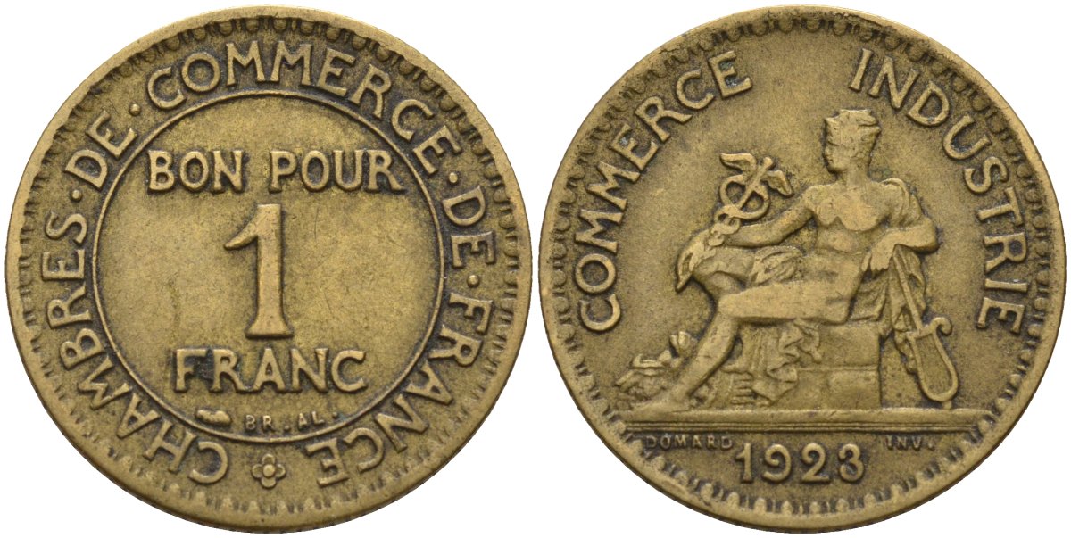 Франция 1 франк 1923 KM 876, Le Franc 218.5 алюминиевая бронза 4142-655