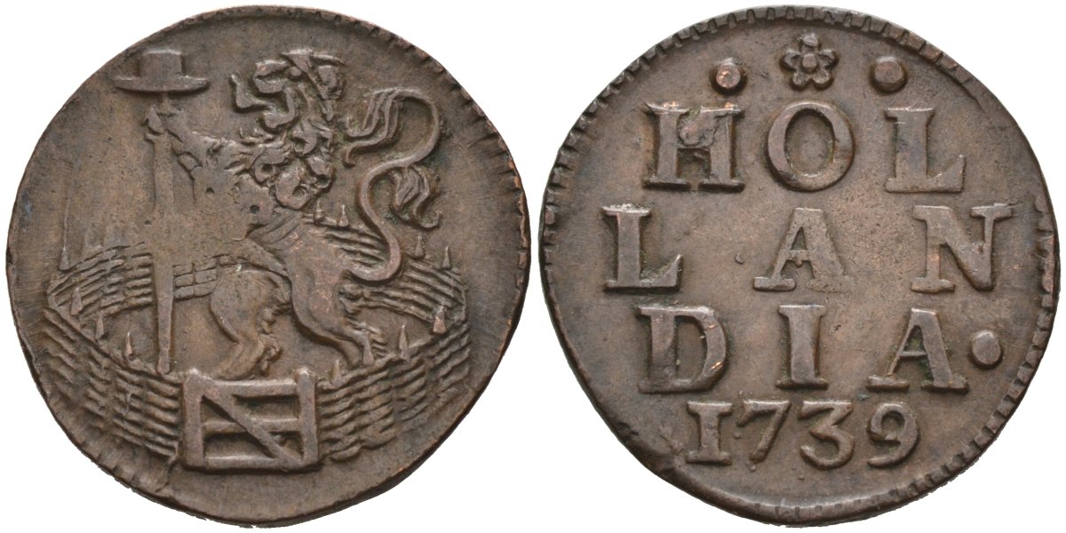 Голландия (Holland), Нидерланды 1 дуит 1739 KM 80 медь 1528-113