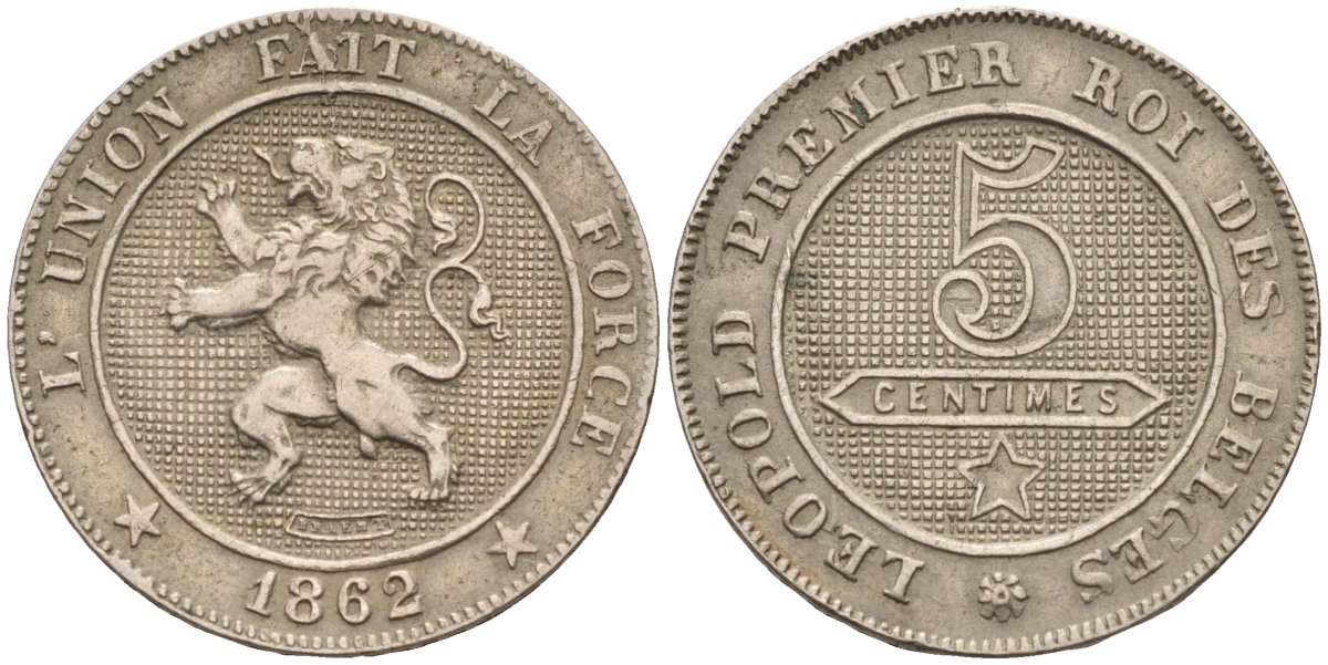 Бельгия 5 сантимов 1862 BELGES KM 21 медно-никель 4585-743