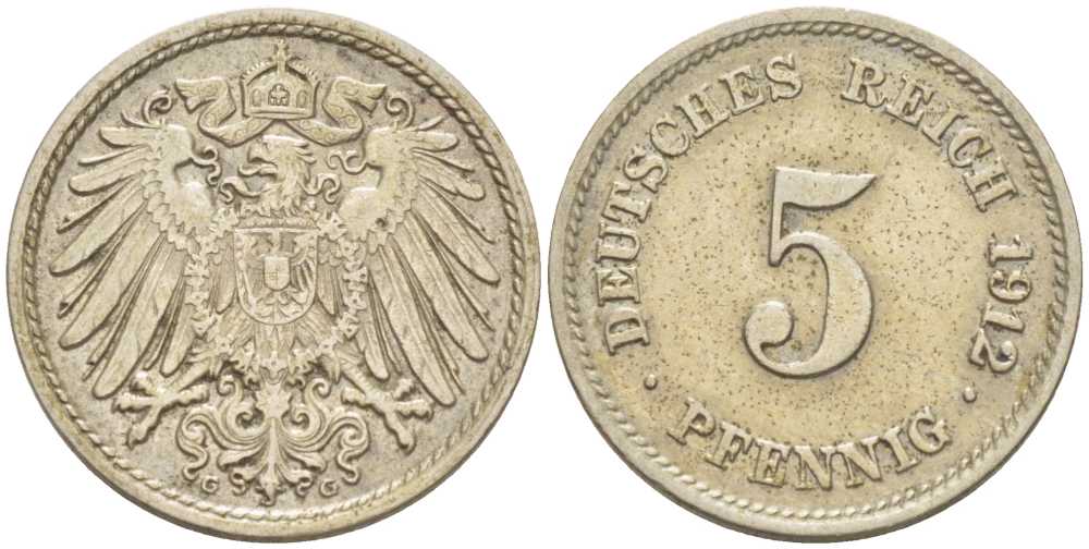 ГЕРМАНИЯ 5 ПФЕННИГОВ 1912 G KM 11, J. 12, Weege 6 медно-никель 206-1014