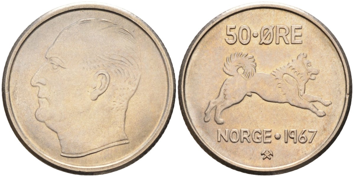Норвегия 50 эре 1967 Улаф V (1957-1991), собака KM 408 медно-никель UNC 4582-715