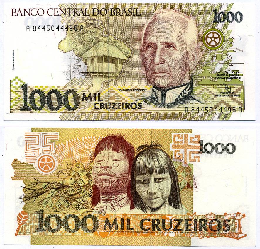 Бразилия 1000 крузейро ND (1991) серия A 8445, Кандиду Рондон Pick 231 b бумага UNC (пресс) 7487-65-3-2