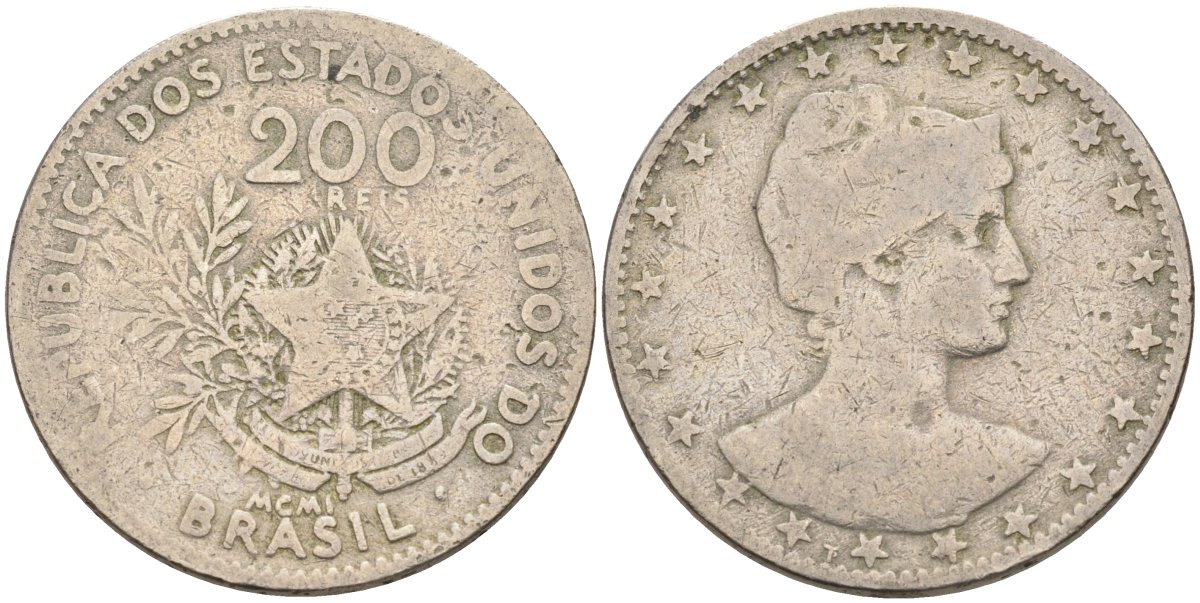 Бразилия 200 рейс 1901 голова свободы вправо KM 504 медно-никель 4589-1035