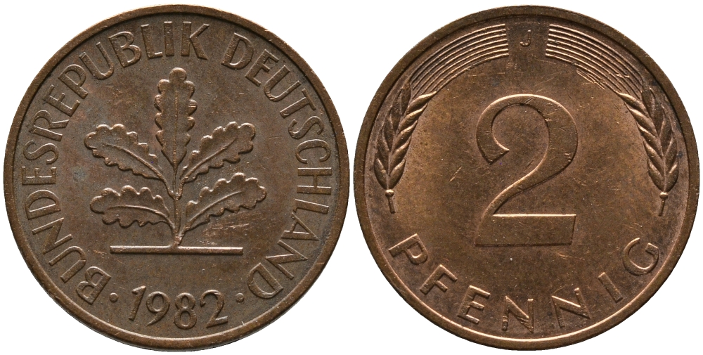 ФРГ 2 ПФЕННИГА 1982 J KM 106а, J.381а сталь плакированная сталь плакированная медьюю 33-242
