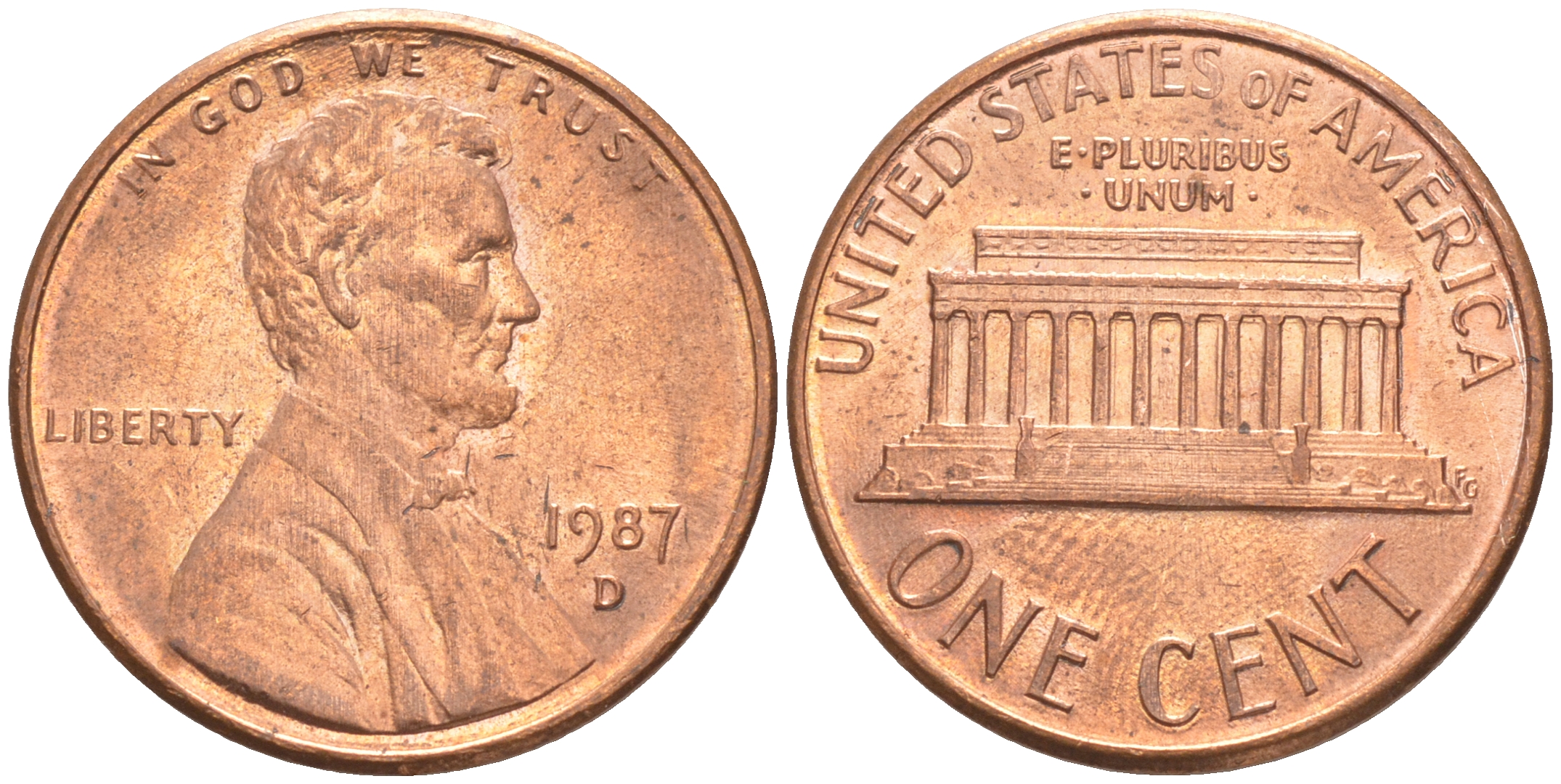 США 1 цент 1987 D, Линкольн KM 201b цинк плакированный медью UNC 187-716