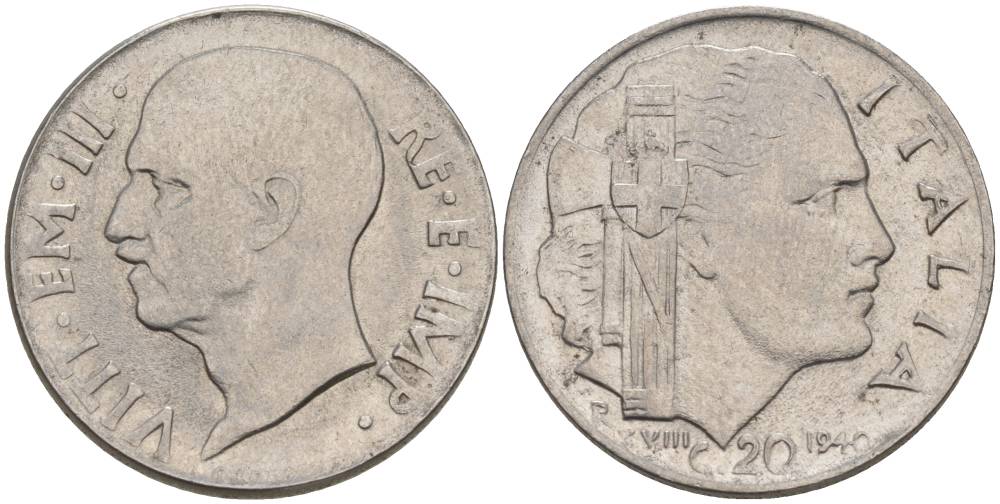 ИТАЛИЯ 20 ЧЕНТЕЗИМО 1940 R, ГОД XVIII, ВИКТОР ЭММАНУИЛ III (1900-1946), МАГНИТНАЯ, ГУРТ РИФЛЁНЫЙ KM 75b, VEM3. 1025 нержавеющая сталь 3853-453