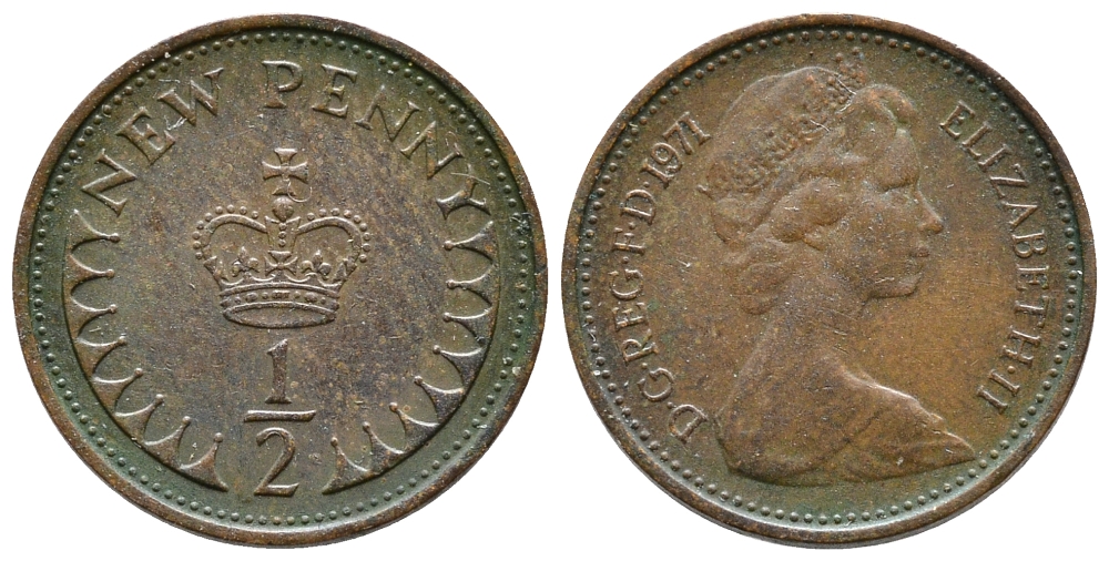 Великобритания 1/2 пенни 1971 Елизавета II (1952-2022) KM 914, Spink 4239 бронза 75-532
